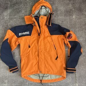 Men's Mammut Extreme Orange Navy Blue Gore Tex XCR Hooded Ski Coat Jacket Sz XS